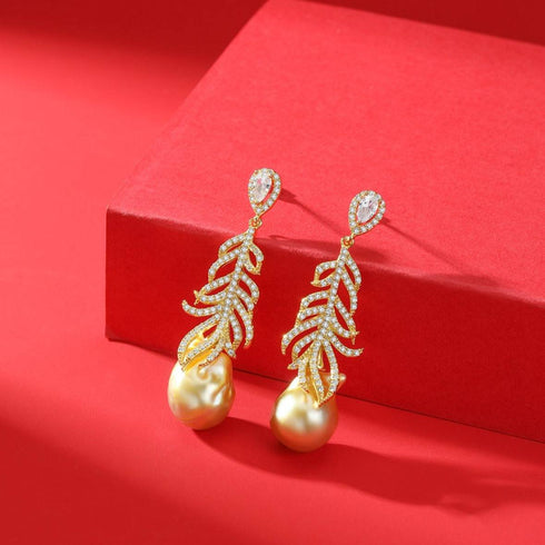 12-14mm Champagne Golden South Sea Baroque Pearl & Feather Earrings - House Of Pearls